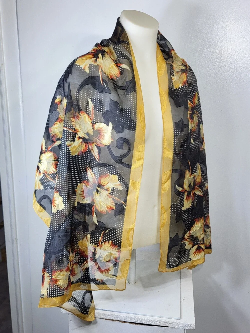 Mosi Silk Touch Black Floral Sheer Scarf with Yellow Accents 64